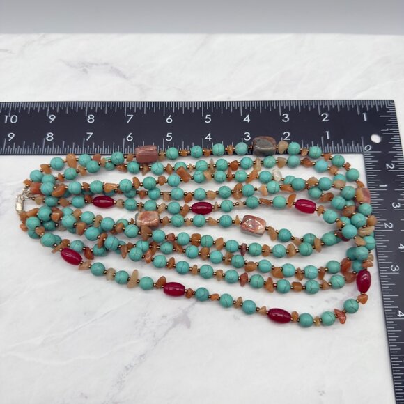 Vtg Multi Strand Beaded Turquoise Red Stone Choker Necklace Sterling Clasp - Picture 8 of 9